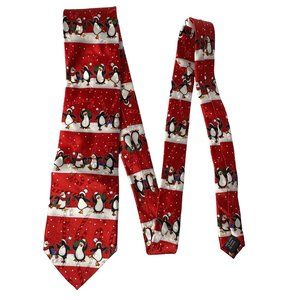 Specialties 100% Silk red Colorful winter penguins print tie Holiday Christmas